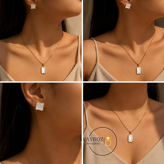 طقم سلسلة وحلق نسائي من ستانلس ستيل بحجر أسود أو صدف طبيعي، مقاوم للصدأ، ثابت اللون، تصميم فاخر وأنيق، مناسب للاستخدام اليومي والمناسبات، من فيروز جوليري