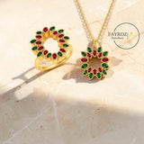 طقم سلسلة وخاتم من ستانلس ستيل، تصميم دائري مرصع بالزركون الأخضر والأحمر، مقاوم للصدأ، لون ذهبي، هدية أنيقة للنساء والبنات – من فيروز جوليري