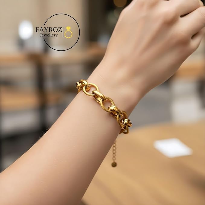 سوار نسائي من ستانلس ستيل عالي الجودة مطلية بالذهب – تصميم عصري مميز بحلقات أنيقة متداخلة مقاومة للصدأ والخدوش – إكسسوارات فاخرة تضيف لمسة راقية . من فيروز جوليري.