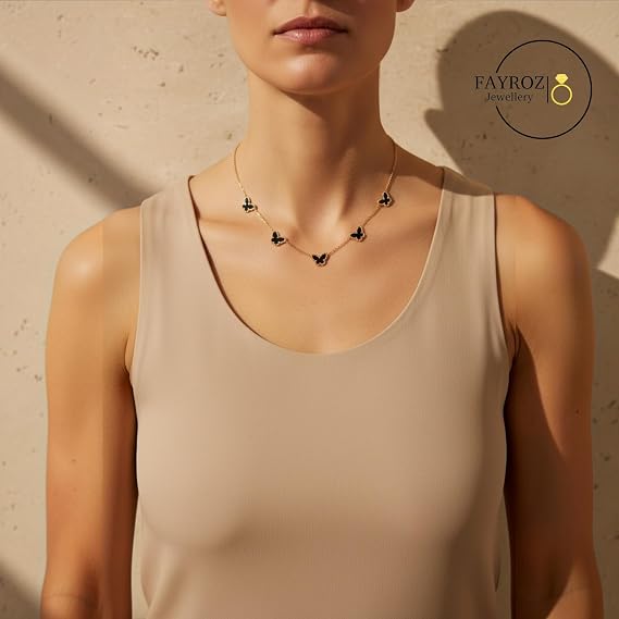 كوليه فراشة أبيض وأسود بتصميم عصري وأنيق، قلادة نسائية بتفاصيل فراشات مميزة، إكسسوار فاخر مناسب للسهرات والحفلات والخروجات والمناسبات والهدايا – فيروز جوليري