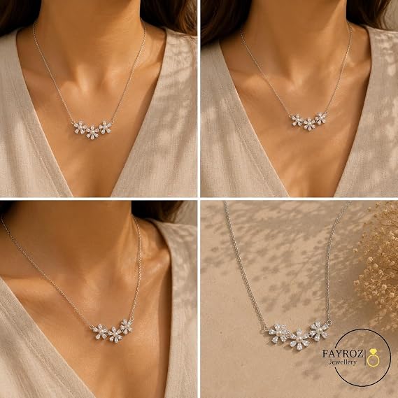 سلسلة نسائية من ستانلس ستيل مطلية بالذهب عيار 18 قيراط بتصميم ثلاث زهور مرصعة بزركون صناعي مع لؤلؤ، قلادة أنيقة مقاومة للصدأ وثابتة اللون، هدية للبنات والسيدات – فيروز جوليري