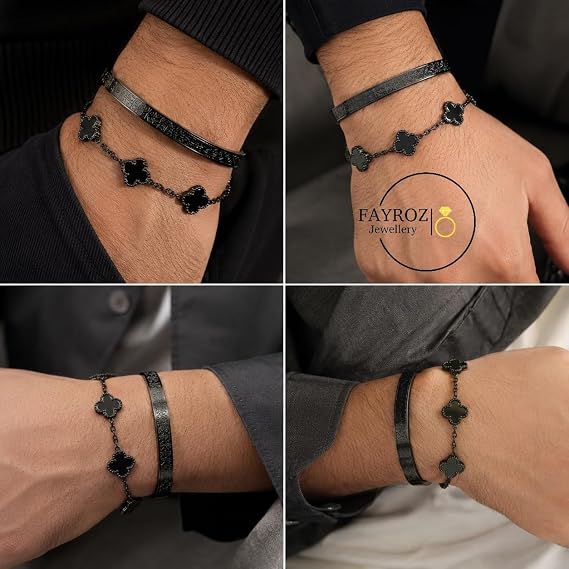 طقم انسيال واسورة نسائي من ستانلس ستيل بتصميم الفضي و الأسود، مقاوم للصدأ وتغير اللون، أنيق وعصري، مناسب للاستخدام اليومي والهدايا . من فيروز جوليري