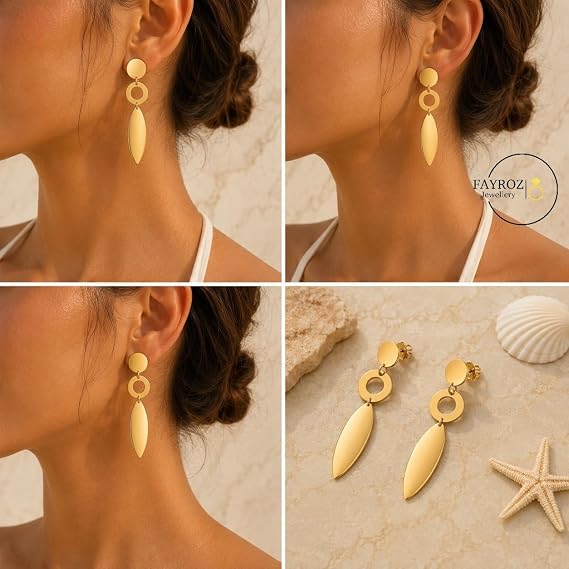 حلق نسائي ستانلس ستيل مطلي بالذهب، أقراط متدلية بتصاميم عصرية متعددة، أشكال هندسية وأنيقة، مقاوم للصدأ وثابت اللون، مناسب للحفلات والعمل والهدايا - فيروز جوليري