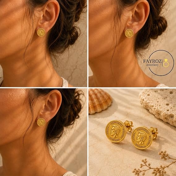 حلق ستانلس ستيل مطلي بالذهب عيار 18 قيراط بتصميم عملة معدنية دائرية ونقش وجه رجالي، أقراط نسائية عصرية مقاومة للصدأ وثابتة اللون، هدية أنيقة للبنات والسيدات – فيروز جوليري