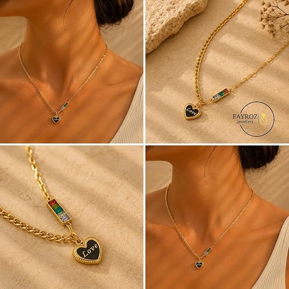 سلسلة نسائية ستانلس ستيل مطلية بالذهب 18 قيراط، قلادة قلب Love مع زركون صناعي متعدد الألوان، تصميم عصري وأنيق، مقاومة للصدأ وثابتة اللون، هدية للنساء – فيروز جوليري