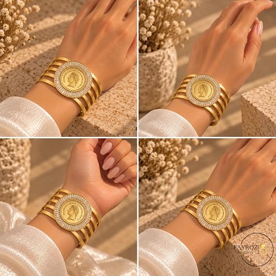 أساور نسائية عريضة من ستانلس ستيل باللون الذهبي، تصميم عصري وفاخر، مقاومة للصدأ وتغير اللون، إكسسوارات أنيقة للاستخدام اليومي – فيروز جوليري.