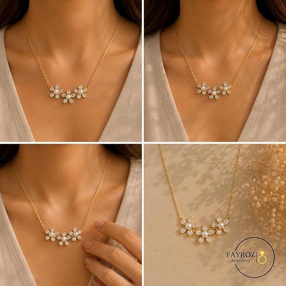 سلسلة نسائية من ستانلس ستيل مطلية بالذهب عيار 18 قيراط بتصميم ثلاث زهور مرصعة بزركون صناعي مع لؤلؤ، قلادة أنيقة مقاومة للصدأ وثابتة اللون، هدية للبنات والسيدات – فيروز جوليري