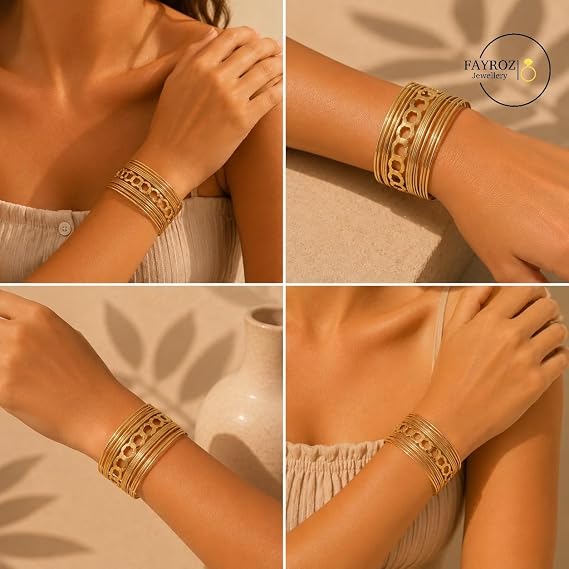 أساور نسائية جولد بلتيد متعددة الأشكال باللون الذهبي، تصميم فاخر وعصري، إكسسوارات أنيقة مناسبة للاستخدام اليومي والمناسبات والهدايا، تمنح إطلالة راقية من فيروز جوليري